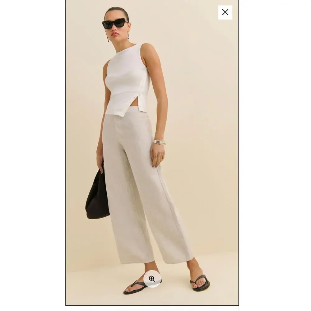 Reformation Joni Linen Black and White Cropped High Rise Wide Leg Pant 10